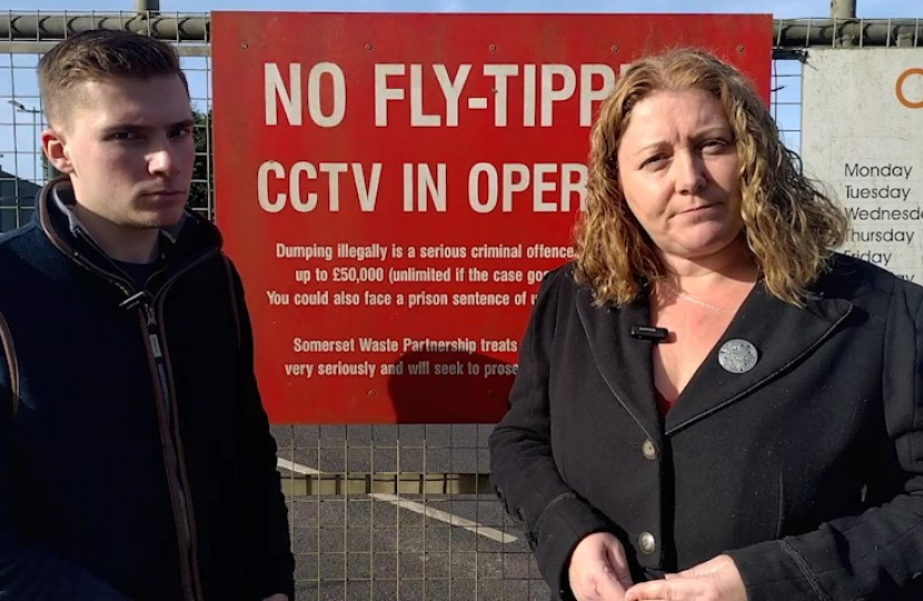 Faye Purbrick and Cllr Tom Power at Castle Cary recycling centre